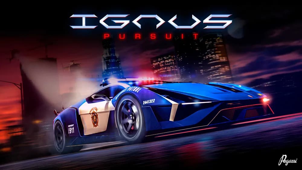 The new Pegassi Ignus Pursuit law enforcement vehicle parked with emergency lights flashing in Los Santos