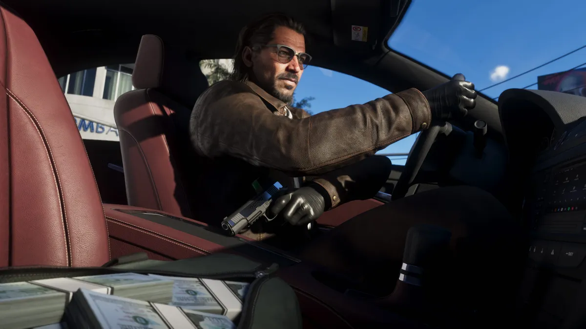 GTA 6 Raul Bautista and heist crew members preparing for a bank robbery