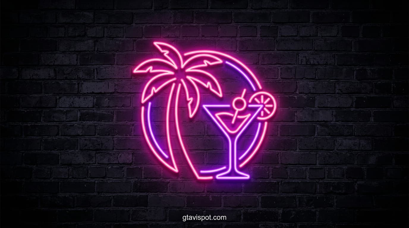 Minimalist glowing pink and purple neon palm tree and cocktail glass sign representing the GTA 6 strip club leak.