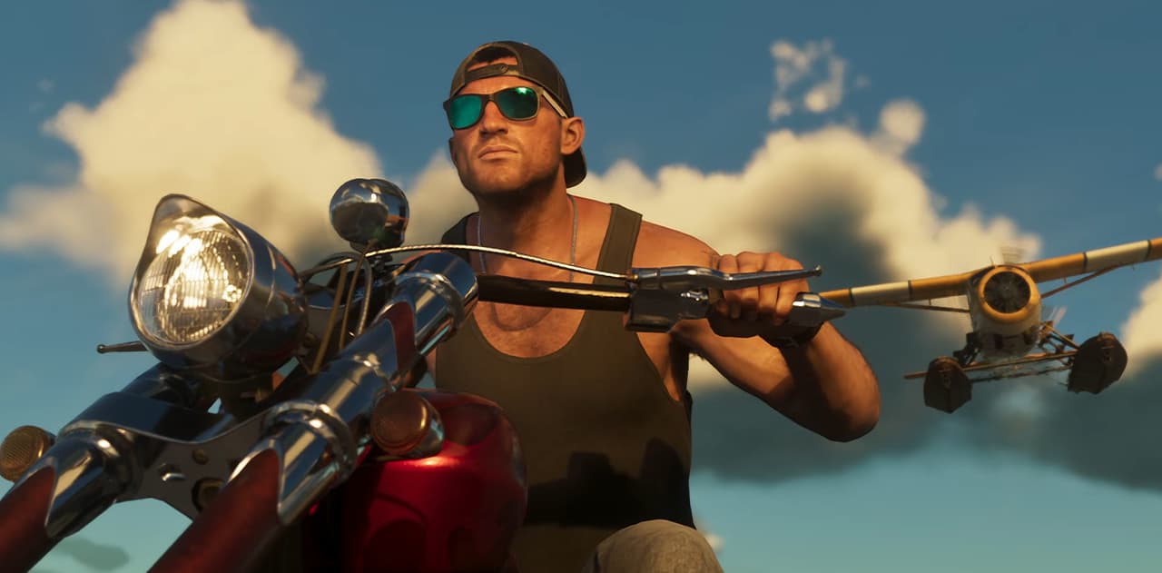 Protagonist Jason riding a custom sport bike through a suburban district in GTA 6