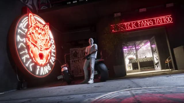 The Western Nightblade cruiser motorcycle parked in front of a neon storefront in GTA 6