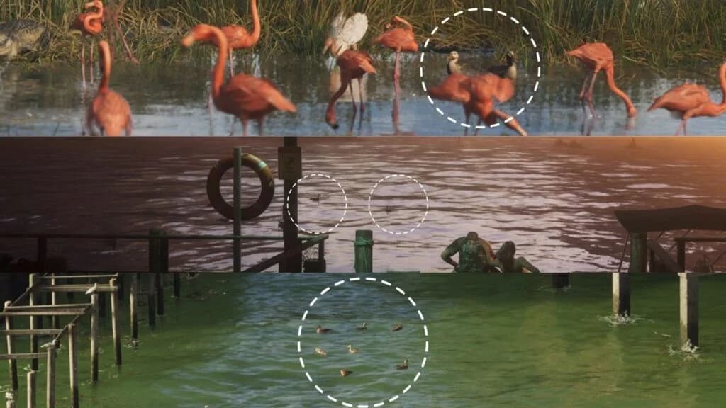 A pair of wild ducks resting near a pond in a suburban area in GTA 6