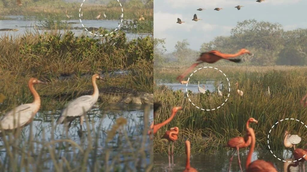 Whooping cranes flying over the Grassrivers marshes in GTA 6
