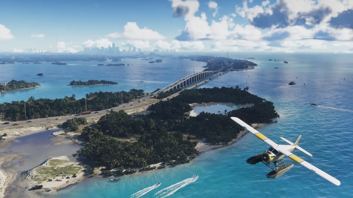 GTA 6 screenshot showing the tropical Leonida Keys islands with watercraft