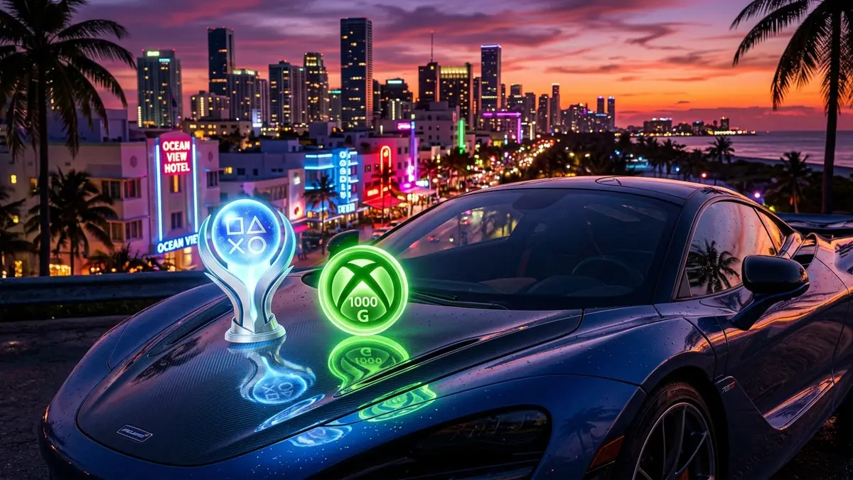 GTA 6 trophies and achievements PS5 Platinum roadmap guide against Vice City neon background