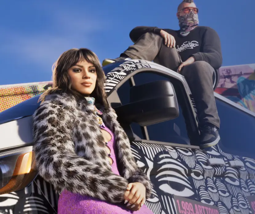 GTA 6 clothing store style — a character in a leopard-print fur coat posing by a custom art car in Vice City