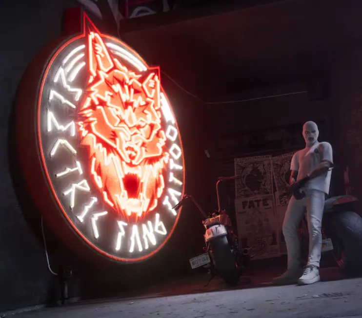 GTA 6 tattoo shop — the neon Electric Fang Tattoo wolf sign glowing outside a parlor at night in Vice City