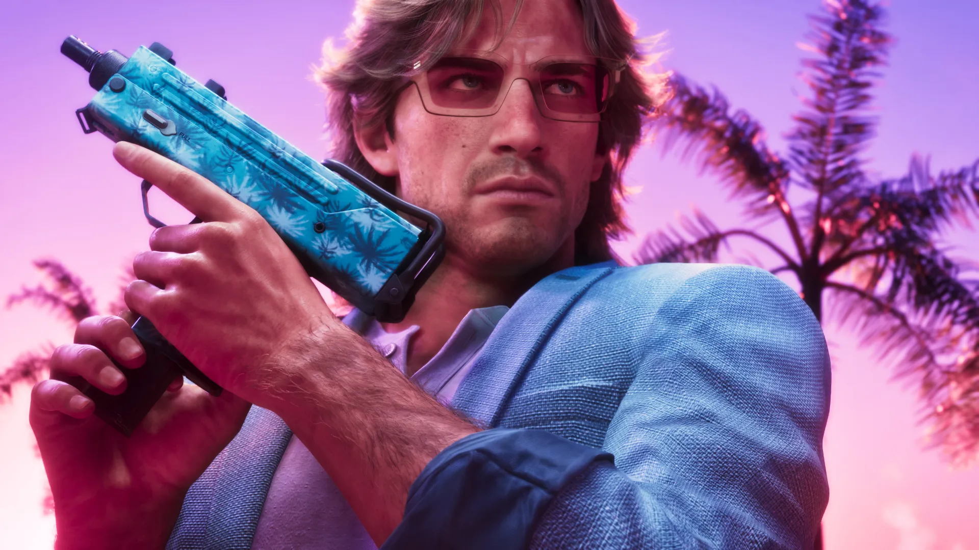 GTA 6 Jason outfit — Jason in a linen blazer and tinted glasses holding a tropical-pattern weapon at sunset