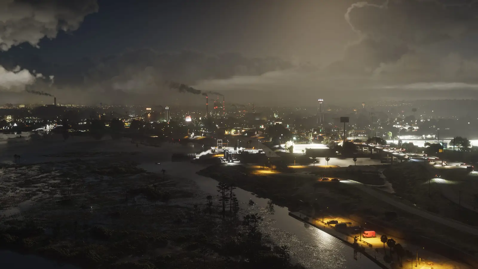 GTA 6 Ambrosia refinery skyline at night with lit smokestacks, wetlands, and highway traffic in Leonida