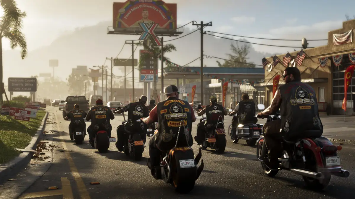 GTA 6 Final Chapter MC members riding in formation past the Ambrosia County Sheriff's Office wearing winged-skull cuts with Ambrosia bottom rockers