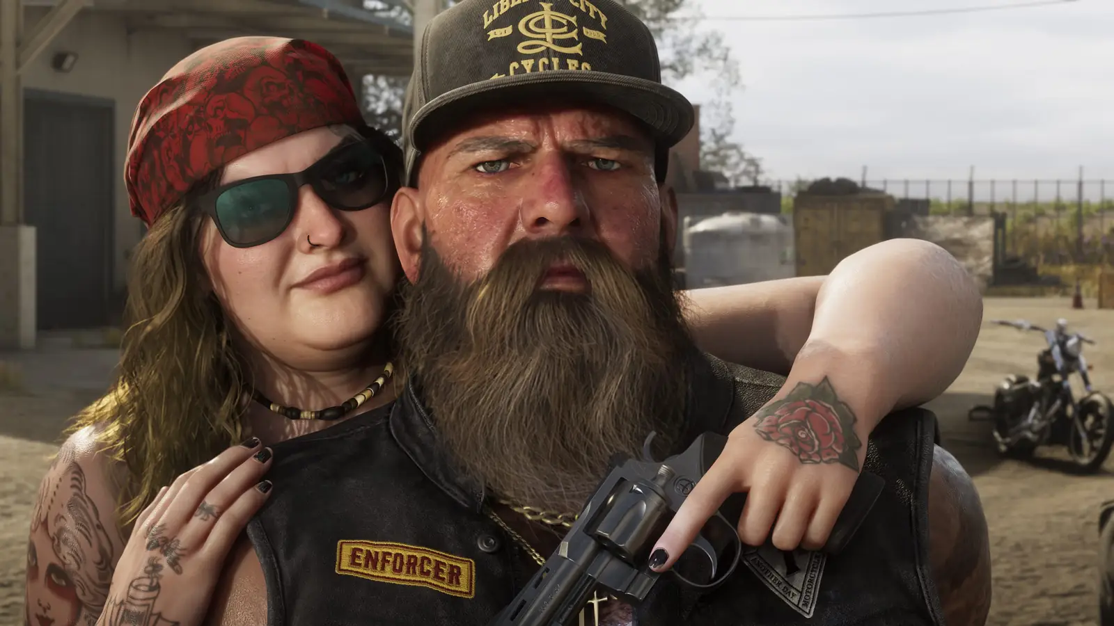 GTA 6 Final Chapter MC Enforcer, a bearded biker in a Liberty City Cycles cap holding a revolver beside a tattooed club member