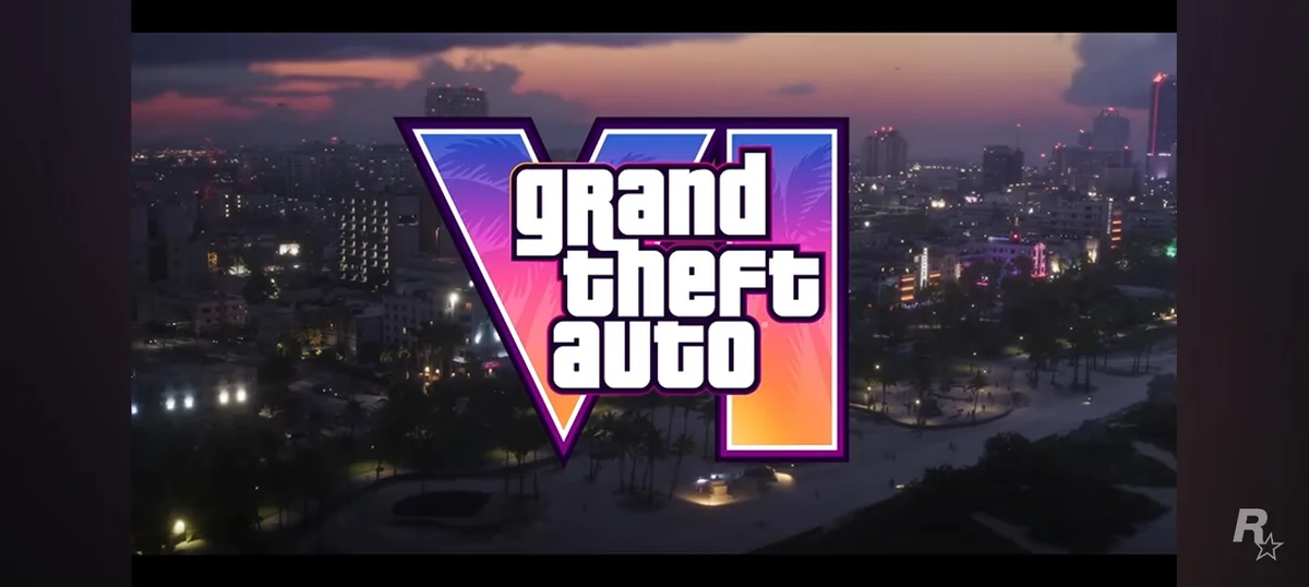 GTA VI logo over Vice City skyline from the GTA 6 launch trailer