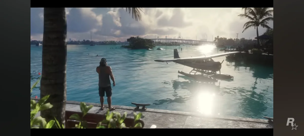 Jason looking over the Leonida Keys waterfront from the GTA 6 launch trailer