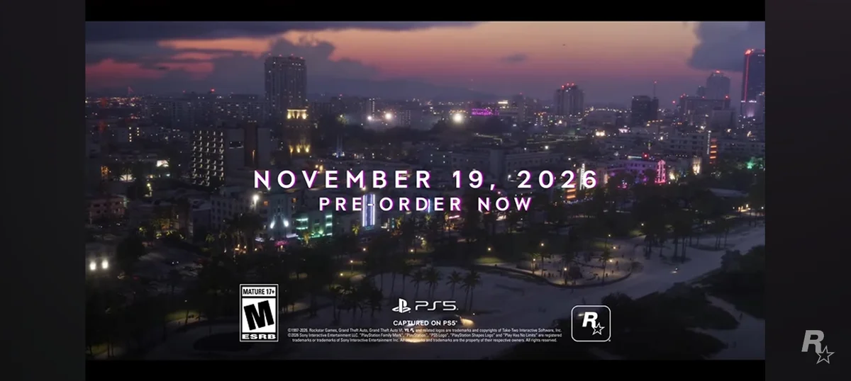 November 19, 2026 release date and pre-order now screen from the GTA 6 launch trailer
