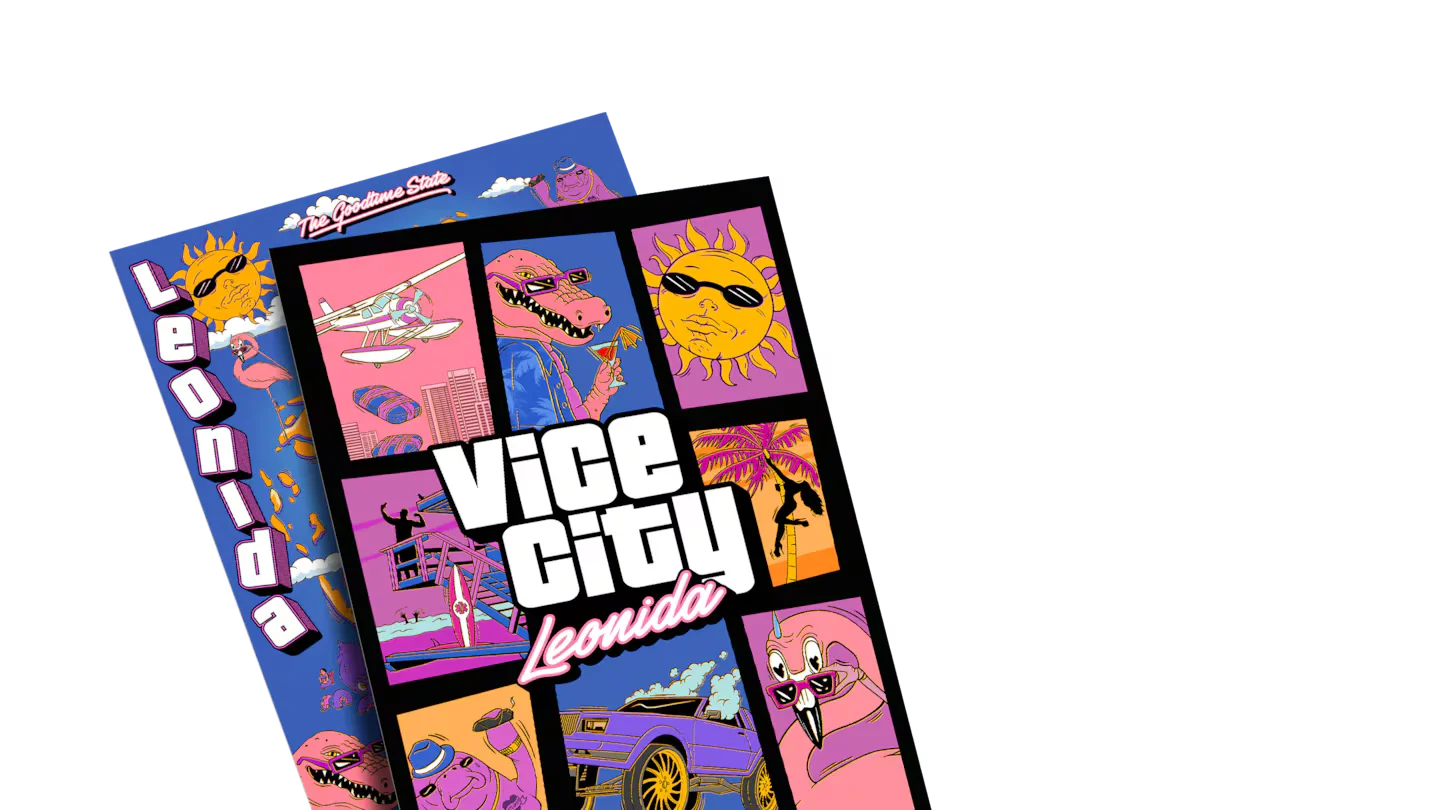 GTA 6 Vice City Collection double sided souvenir poster featuring characters on front and full Leonida map on back