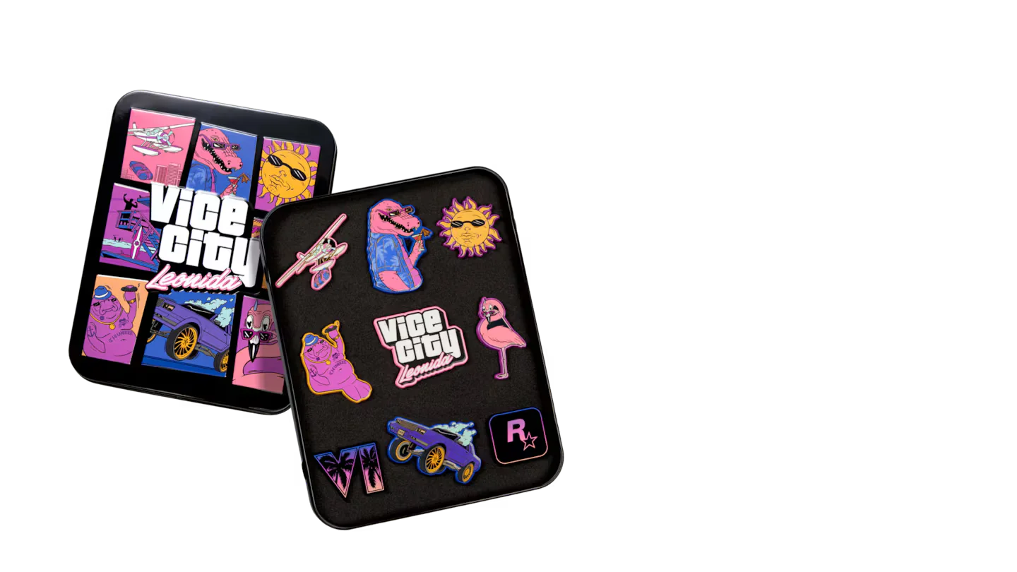 GTA 6 Leonida Keys 9-piece enamel pin collection in custom metal collector tin