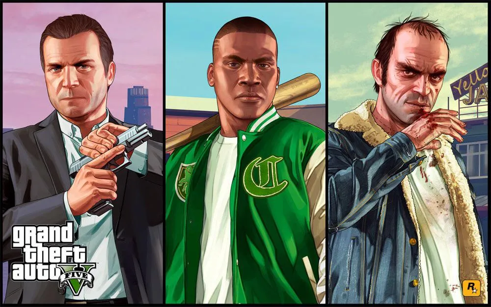 GTA 5 official art of Michael, Franklin and Trevor, whose roughly $265 million budget is dwarfed by the GTA 6 budget