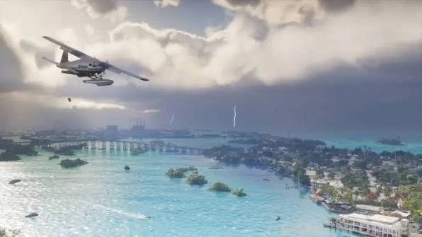 GTA 6 weather storm — lightning strikes over the Leonida Keys as a seaplane flies toward dark hurricane clouds