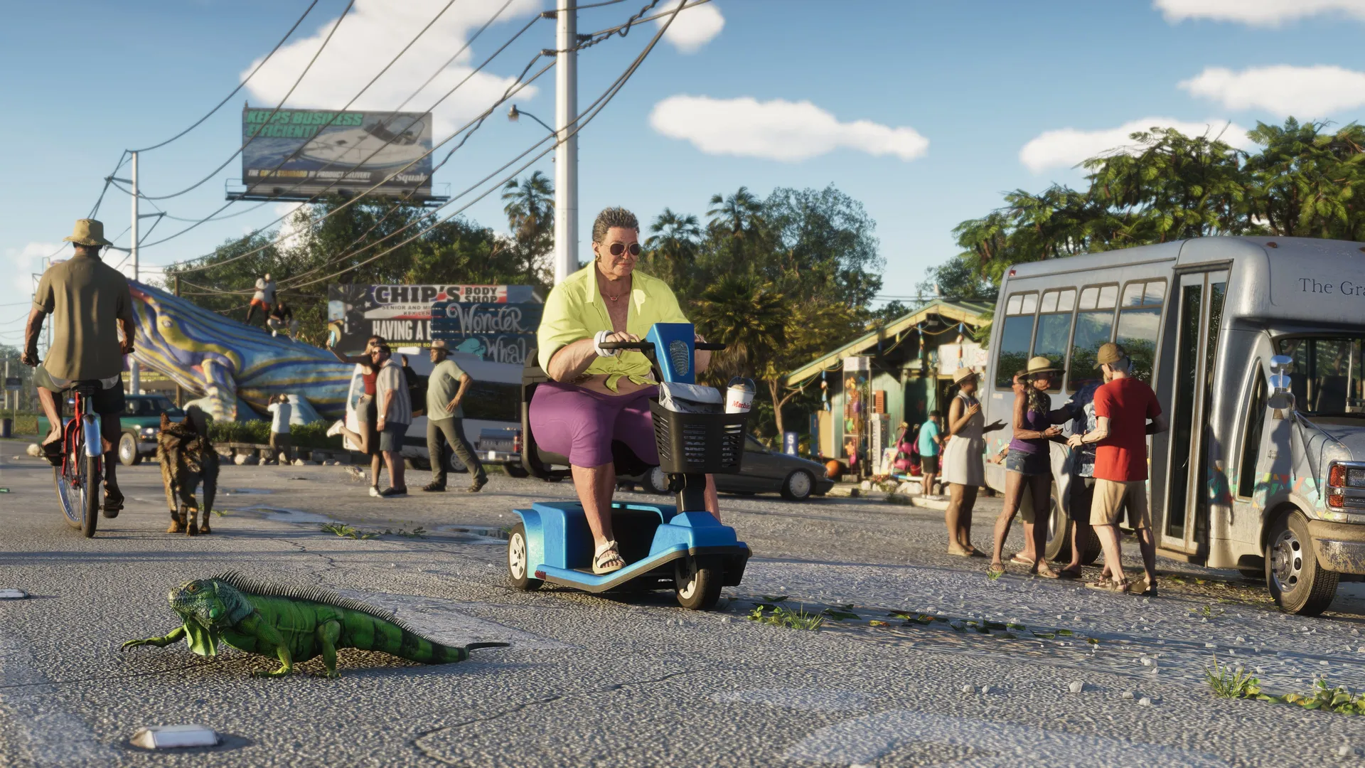 GTA 6 sunny weather in the Leonida Keys — a bright blue-sky day on a coastal street with pedestrians and an iguana
